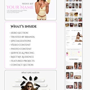 May include: A media kit layout with a woman applying makeup. The kit includes sections for video and photo content, services, and contact information. Text includes "Your Name" and "What's Inside", with specializations like skincare and vlogging.