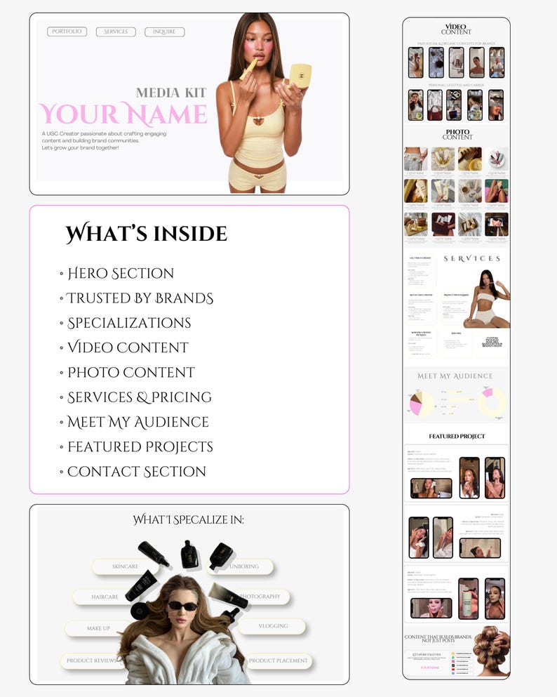 May include: A media kit layout with a woman applying makeup. The kit includes sections for video and photo content, services, and contact information. Text includes "Your Name" and "What's Inside", with specializations like skincare and vlogging.
