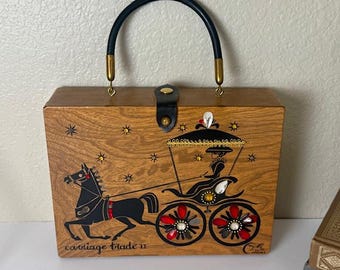 Vintage Enid Collins of Texas “Carriage Trade II” Wooden Box Purse 1960s Mid‑Century Collectible Hand‑Decorated Horse & Carriage Handbag