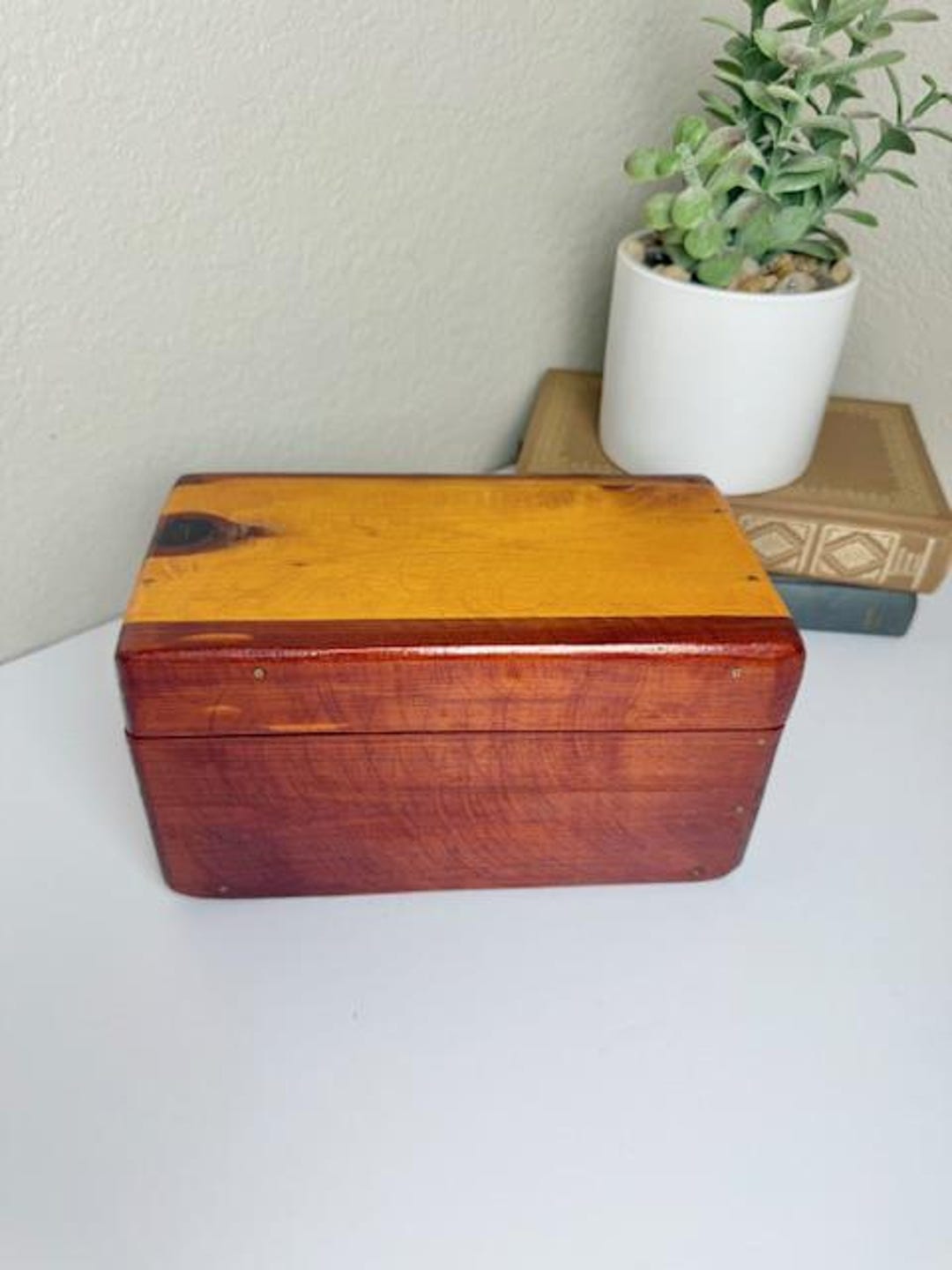 Vintage Handcrafted Wood Box With Red Velvet Lining Jewelry