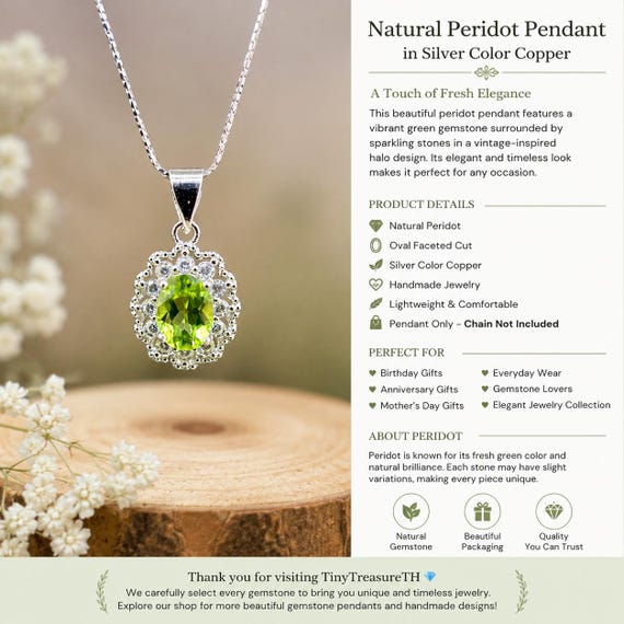 Natural Peridot Pendant in Silver Color Copper | Green Gemstone Halo Pendant | Handmade Jewelry Gift for Her | Pendant Only