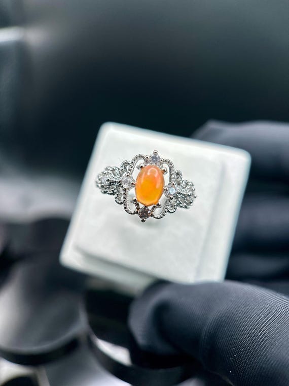 Natural Fire Opal Ring | Vintage Style Silver Ring | Orange Opal Statement Ring | Adjustable Gemstone Jewelry | Gift for Her