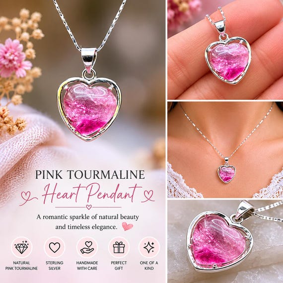 Pink Tourmaline Heart Pendant Necklace | Natural Tourmaline Heart Cabochon | Sterling Silver Pendant | Romantic Gift for Her