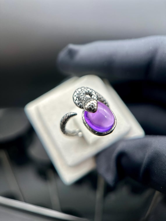 Natural Amethyst Snake Ring Stainless Steel Adjustable Purple Gemstone Ring