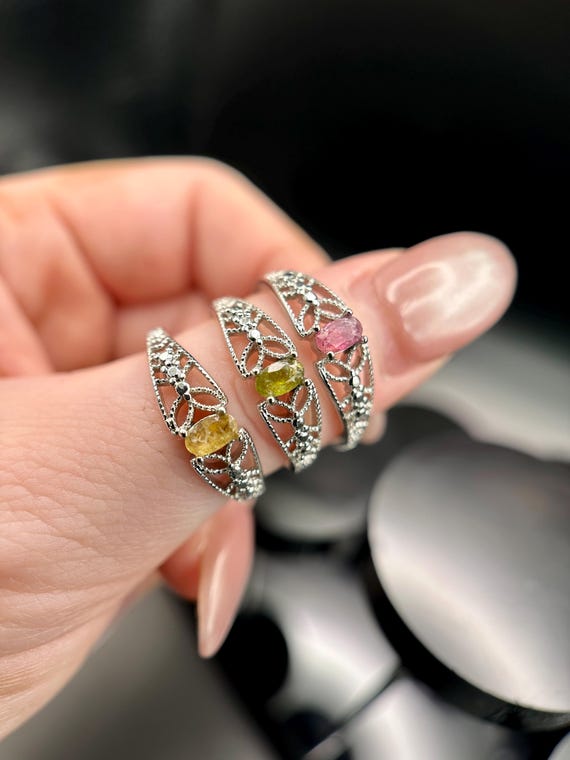 Natural Tourmaline Ring Set | Pink Green Yellow Gemstones, Vintage Silver Filigree, Stackable Jewelry