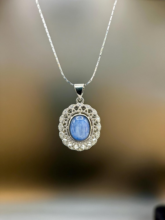 Natural Blue Kyanite Pendant in Silver Color Copper | Vintage Oval Gemstone Pendant | Handmade Jewelry Gift for Her | Pendant Only