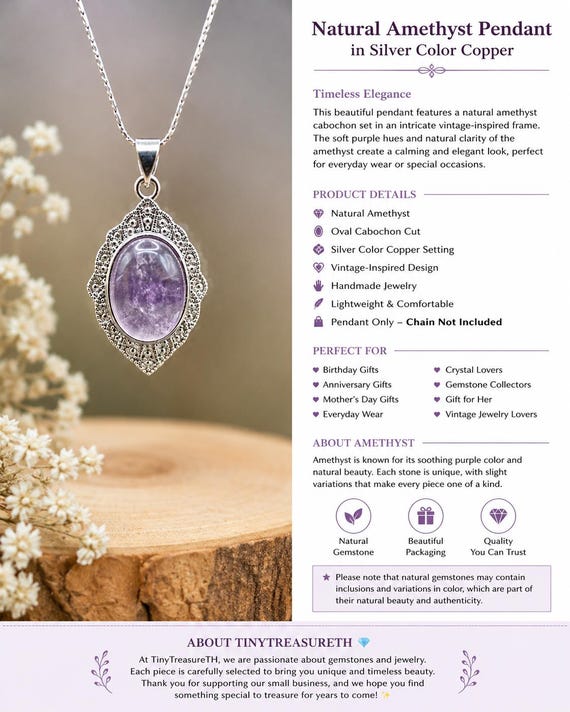Natural Amethyst Pendant in Silver Color Copper | Vintage Oval Cabochon Gemstone Pendant | Purple Crystal Jewelry | Pendant Only