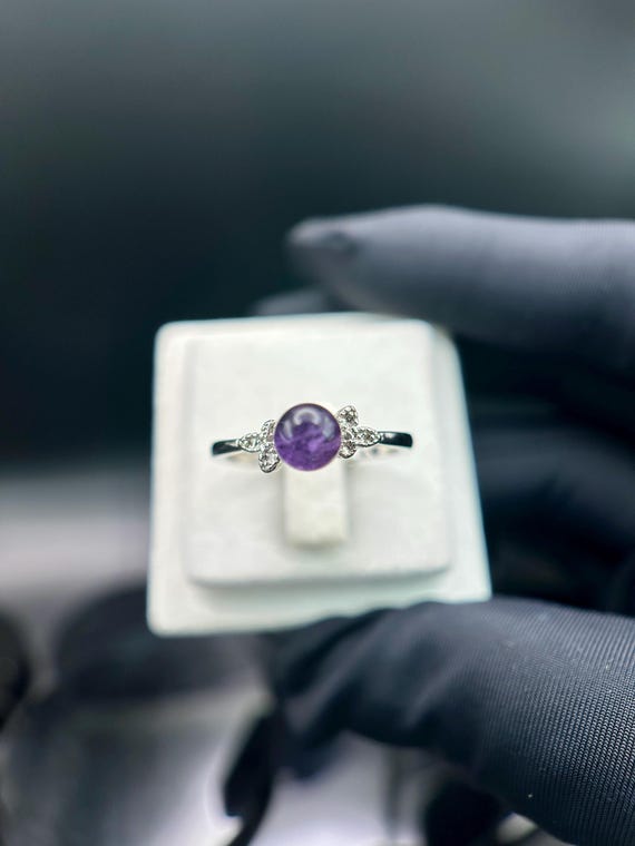 Natural Amethyst Ring | Purple Gemstone Silver Ring | Minimalist Adjustable Ring | Elegant Crystal Jewelry | Gift for Her