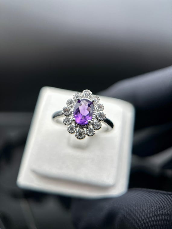 Natural Amethyst Ring Stainless Steel Adjustable Ring Purple Gemstone Jewelry