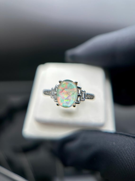 Natural White Opal Ring, Oval Cut Stainless Steel Adjustable Band – Boho Jewelry