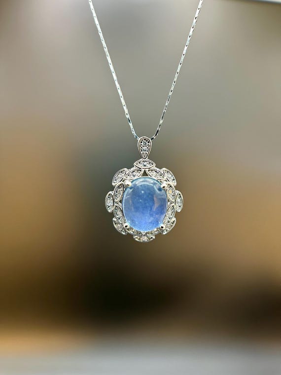 Blue Moonstone Pendant in Silver Color Copper | Vintage Floral Statement Pendant | Handmade Gemstone Jewelry Gift for Her