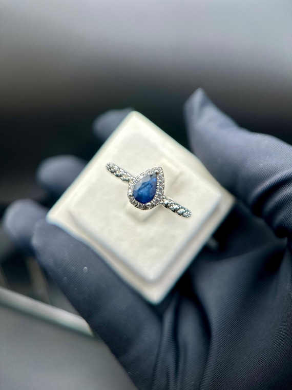 Natural Blue Sapphire Ring Stainless Steel Adjustable Ring Teardrop Gemstone Jewelry