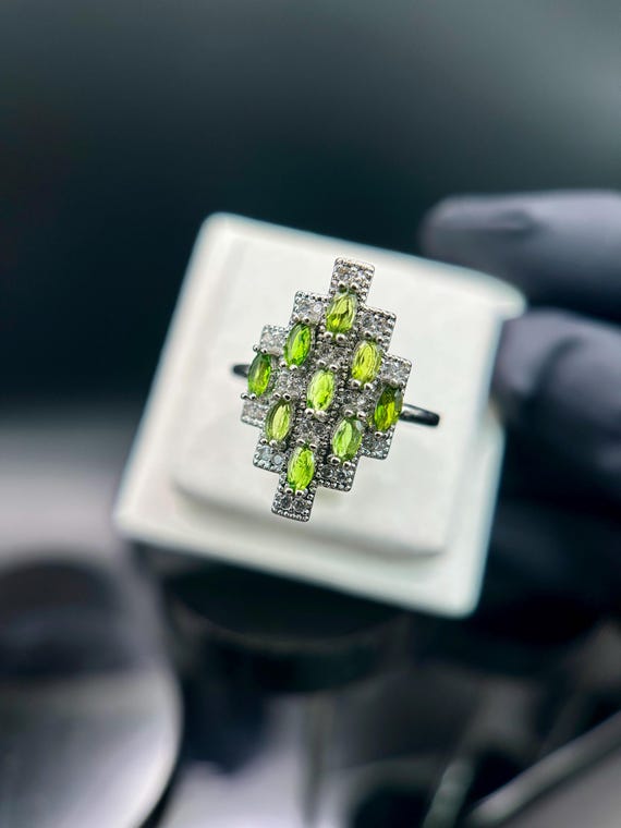 Natural Green Peridot Marquise Ring | Silver Statement Ring | Elegant Geometric Gemstone Ring | Adjustable Women’s Jewelry