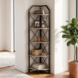 May include: A five-tier corner shelf unit featuring a black metal frame with an X-shaped support design and light wood-toned shelves. The shelves hold various decorative items including books, a framed photo, vases, a woven basket, and folded linens.