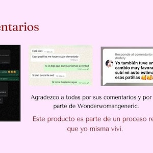 K&ouml;nnte beinhalten: Hellrosa Hintergrund mit Text und Screenshots von Textnachrichten. Das Wort "Comentarios" steht oben. Die Textnachrichten sind auf Spanisch und diskutieren ein Produkt. Der Text unten lautet "Agradezco a todos por sus comentarios y por ser parte de Wonderwomangeneric."