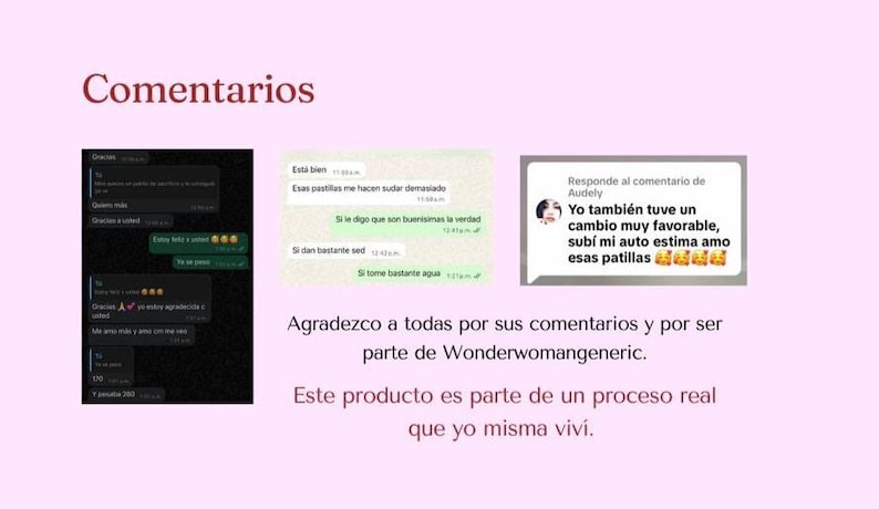 K&ouml;nnte beinhalten: Hellrosa Hintergrund mit Text und Screenshots von Textnachrichten. Das Wort "Comentarios" steht oben. Die Textnachrichten sind auf Spanisch und diskutieren ein Produkt. Der Text unten lautet "Agradezco a todos por sus comentarios y por ser parte de Wonderwomangeneric."