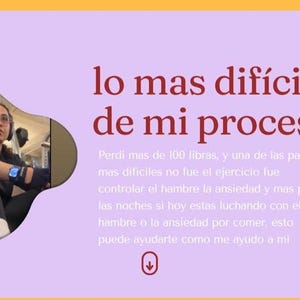 K&ouml;nnte beinhalten: Ein Bild mit spanischem Text, "lo mas dif&iacute;cil de mi proceso", was "der schwierigste Teil meines Prozesses" bedeutet. Das Bild zeigt eine Person mit Kopfh&ouml;rern und einer Smartwatch. Der Text handelt von Gewichtsverlust und der Bew&auml;ltigung von Hunger und Angst.