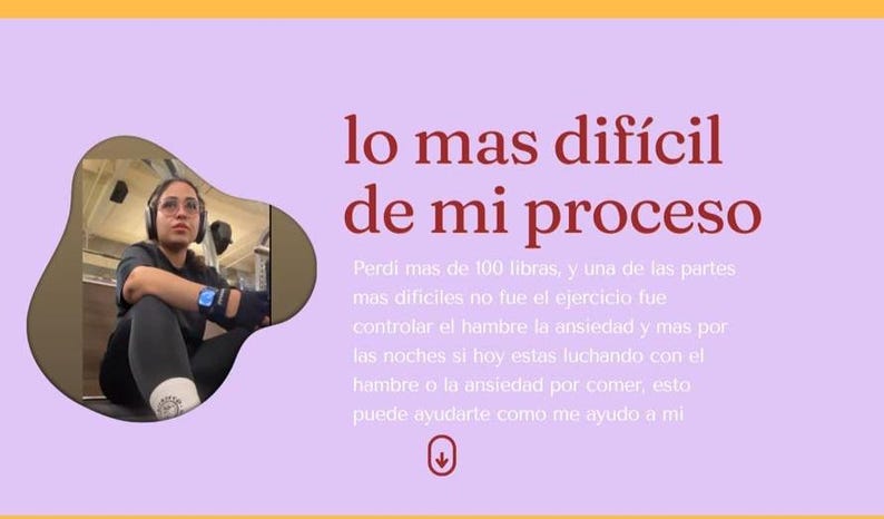K&ouml;nnte beinhalten: Ein Bild mit spanischem Text, "lo mas dif&iacute;cil de mi proceso", was "der schwierigste Teil meines Prozesses" bedeutet. Das Bild zeigt eine Person mit Kopfh&ouml;rern und einer Smartwatch. Der Text handelt von Gewichtsverlust und der Bew&auml;ltigung von Hunger und Angst.