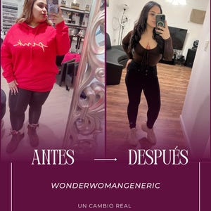 K&ouml;nnte beinhalten: Ein Vorher-Nachher-Bild mit zwei Frauen. Links eine Frau in einem roten Hoodie mit dem Wort "pink" und Leggings. Rechts eine Frau in einem braunen Oberteil und schwarzer Hose. Text "ANTES" und "DESPU&Eacute;S".