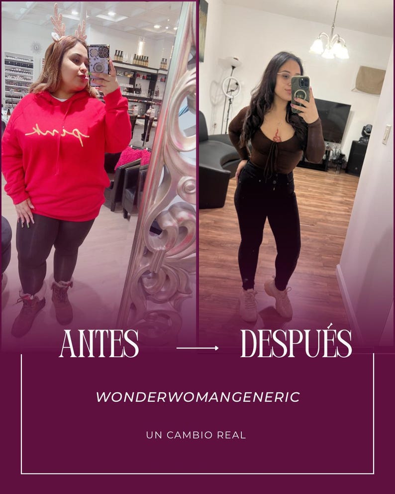 K&ouml;nnte beinhalten: Ein Vorher-Nachher-Bild mit zwei Frauen. Links eine Frau in einem roten Hoodie mit dem Wort "pink" und Leggings. Rechts eine Frau in einem braunen Oberteil und schwarzer Hose. Text "ANTES" und "DESPU&Eacute;S".