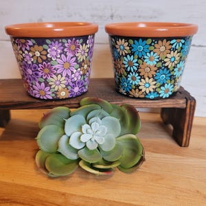 May include: Two decorative flower pots with floral patterns in purple, blue, and yellow. The pots have a dark background and a terracotta rim. A succulent plant sits in front of the pots on a wooden surface.
