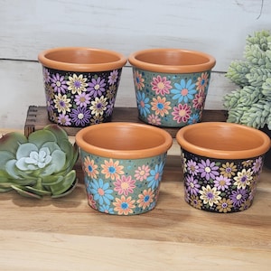 May include: Four small terracotta plant pots with a natural clay rim. Two pots feature a black base with purple, yellow, and white daisy patterns. The other two pots have a sage green base with blue, pink, and orange daisy floral designs.