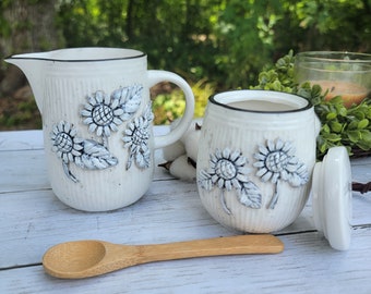 Cream and sugar set, sunflower decor, sugar bowl with lid, sunflower kitchen, fall decoration