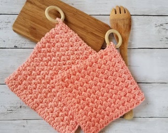 Crochet Hot Pad, juego de 2, Crochet Potholder, Hot Pad Trivet, Hot pad para la cocina, Housewarming Gift primer hogar, Coral Pot Holders