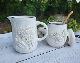 Cream and sugar set, sunflower decor, sugar bowl with lid, sunflower kitchen, fall decoration