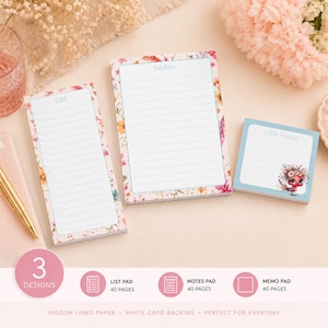 May include: A set of three stationery pads including a tall list pad, a rectangular notes pad, and a square little notes pad. Each pad features a floral border design, white lined paper, and printed headers reading List, Notes, and Little Notes.