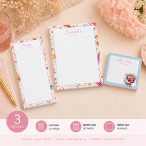 May include: Three stationery pads featuring floral borders. One tall list pad labelled Amy's TO DO LIST, one rectangular notes pad labelled Sarah's NOTES, and one square memo pad labelled Little Notes FROM MEGAN with a small bird illustration.