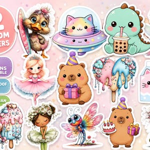 May include: A collection of 12 random waterproof vinyl stickers featuring various illustrations including a duck with a surfboard, a cat in a UFO, a dinosaur with boba tea, a fairy, a ballerina, a bear with a gift, a heart, a milk carton, and a dragonfly.