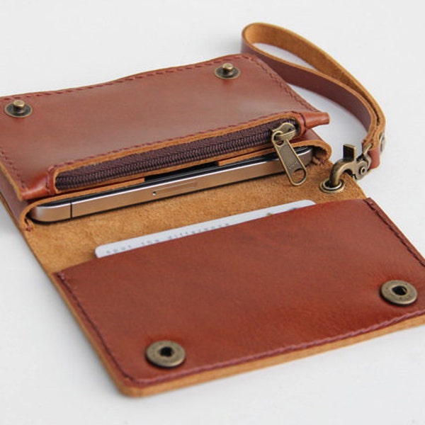 Leather iPhone wallet case with mini zipper in caramel brown (For iPhone4/4s)