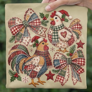 May include: A square fabric panel featuring a patchwork-style illustration of two roosters wearing Santa hats and scarves, surrounded by plaid bows, holly berries, and star accents on a light beige background with a stitched-look design.