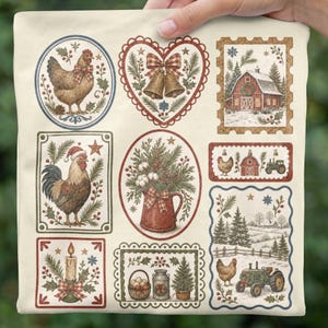 May include: A cream-colored fabric square featuring a grid of nine festive illustrations including a hen, bells, a red barn, a rooster in a Santa hat, a pitcher with greenery, a candle, a basket of eggs, and a green tractor in a snowy landscape.