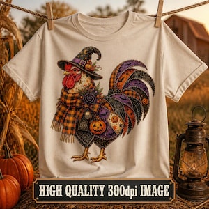Pollo de Halloween de retazos PNG Gallo Bruja Diseño de Sublimación Pollo de Granja Espeluznante PNG Diseño de Camiseta de Otoño de Halloween Gallo de Retazos