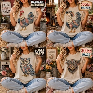 May include: A beige short-sleeve t-shirt featuring four distinct graphic designs: a rooster, a duck wearing a bonnet, an owl, and a highland cow. Each animal is depicted with a colorful, patchwork-style pattern in shades of blue, red, and white.