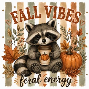 May include: A graphic illustration of a raccoon holding a coffee cup with a pumpkin print, surrounded by autumn leaves and a pumpkin. The text reads FALL VIBES at the top and feral energy at the bottom, set against a background of vertical stripes.