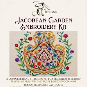 May include: Jacobean Garden Embroidery Kit by AC Designs. The kit features a floral urn cartouche design with colourful thread work on fabric. Includes premium DMC floss and a beechwood hoop. Finished size is a 20cm hoop for intermediate level.