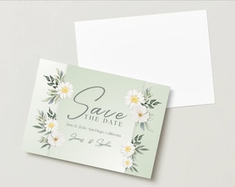 Invito "Save the Date" con motivo floreale verde e bianco.