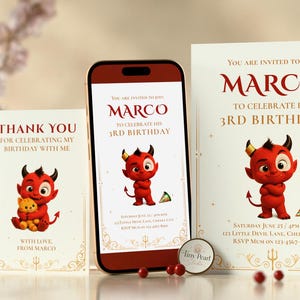 May include: A set of birthday invitations and thank you cards featuring a cartoon devil character. The invitations and thank you cards have the text "My Little Devil", "Editable Birthday Invite", and "Thank You". A smartphone displays the invitation.