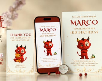 Little Devil Birthday Invitation, Red Devil Theme, Editable Canva Template (Digital Download)
