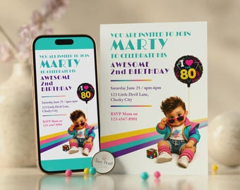 80s Birthday Invitation Template, Retro Toddler Boy Invite, Editable Party Decor (Digital Download)