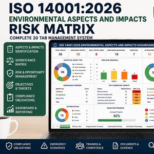 May include: A digital ISO 14001:2026 environmental aspects and impacts risk matrix dashboard displayed on a laptop screen. The interface features colorful pie charts, bar graphs, and data tables summarizing compliance, risk levels, and objectives.