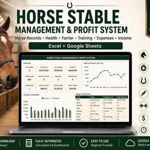以下が含まれることがあります： 馬小屋の管理と利益システムダッシュボードを表示するノートパソコン。画面にはグラフ、表、収入、支出、馬のケア状況が表示されています。テキストにはHorse Records, Health, Farrier, Training, Expenses, Incomeが含まれています。