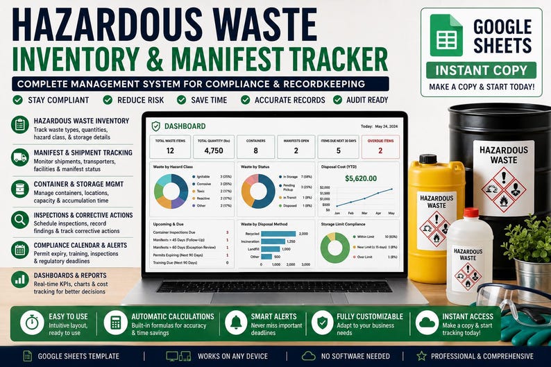 Hazardous Waste Management Spreadsheet, Inventory Tracker, Manifest Log ...