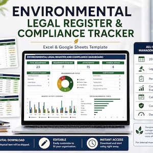 Könnte beinhalten: Eine Excel- und Google Sheets-Vorlage für ein Umweltrechtsregister und Compliance-Tracker auf einem Laptop-Bildschirm. Das Dashboard zeigt Diagramme, Anforderungsübersichten und Genehmigungsdaten sowie eine Seitenleiste mit 20 Reitern.