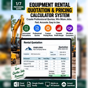 Puede incluir: Un sistema digital de cotización de alquiler de equipos y calculadora de precios en una pantalla. La interfaz muestra una tabla de cotización de alquiler con columnas para equipo, cantidad, tarifa, días y el monto total de $3,707.