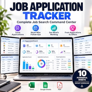 Op de afbeelding: Een digitale tracker voor sollicitaties op een laptopscherm, met een dashboard inclusief grafieken, sollicitatietrechters en tabellen voor het bijhouden van interviews en aanbiedingen, samen met iconen voor Excel, Google Sheets en PDF.