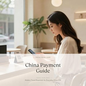 Könnte beinhalten: Eine Frau benutzt ein Smartphone, mit dem Text "China Payment Guide" in einem Café. Das Bild enthält einen QR-Code und den Text "Digital Travel Guide" und "Modern Travel Essentials for Everyday China Life".